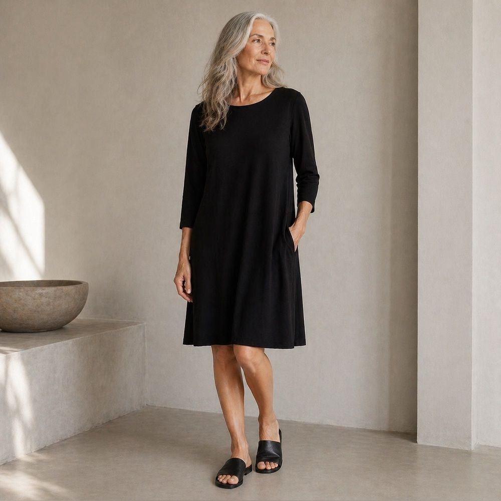 Eileen Fisher Black Jersey Knit Dress Size L Minimalist 3/4 Sleeve Knee Length